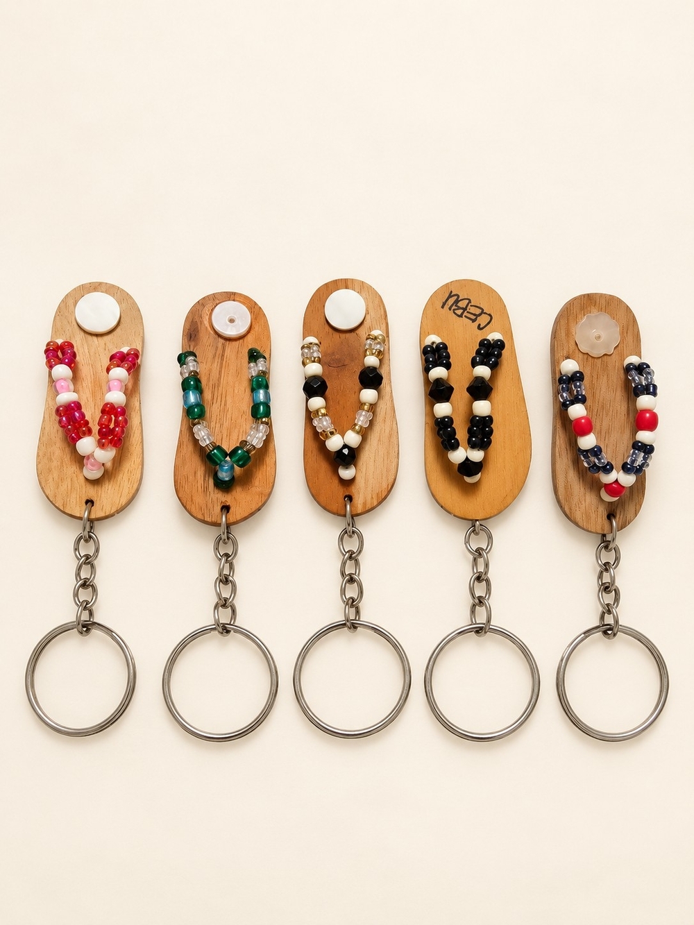 Set of 5 Cebu Souvenir Wooden Sandal Beaded Keychains